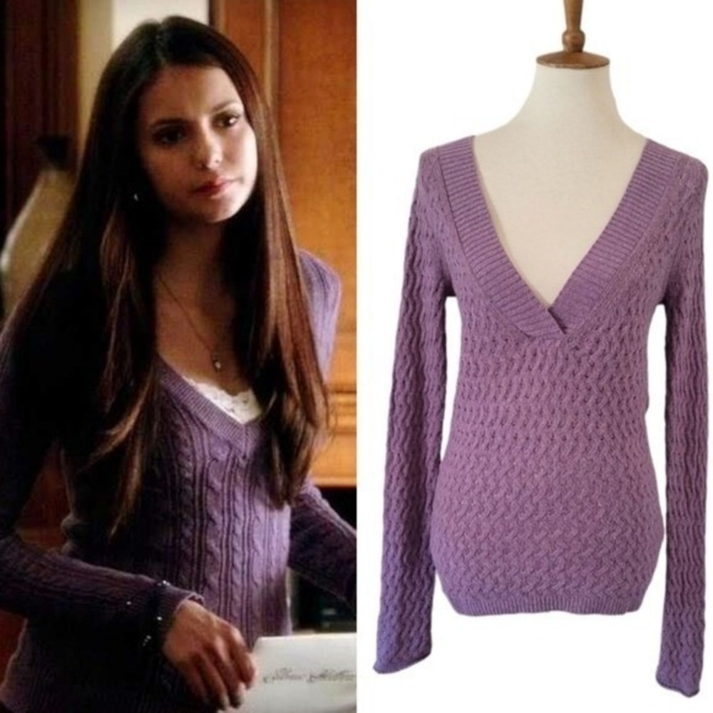 Banana Republic Purple Cable Knit V-Neck Sweater Elena Gilbert Vampire Diaries S